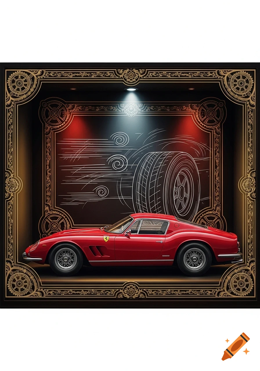 A red Ferrari coupe in a decorative black and gold shadowbox, illuminated by spotlights, with a white line drawing of a tire and speed lines in the background.