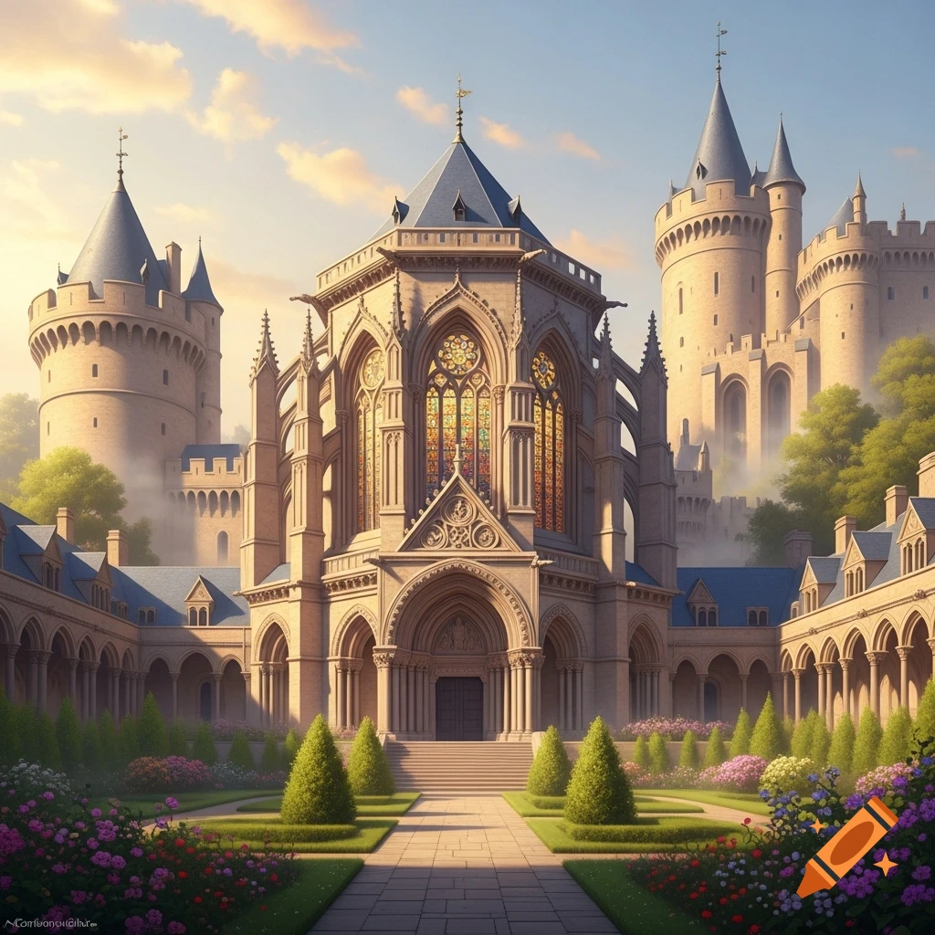 Grand ornate Gothic-style cathedral with multiple towers and lush gardens under a bright sky, reminiscent of a castle complex.