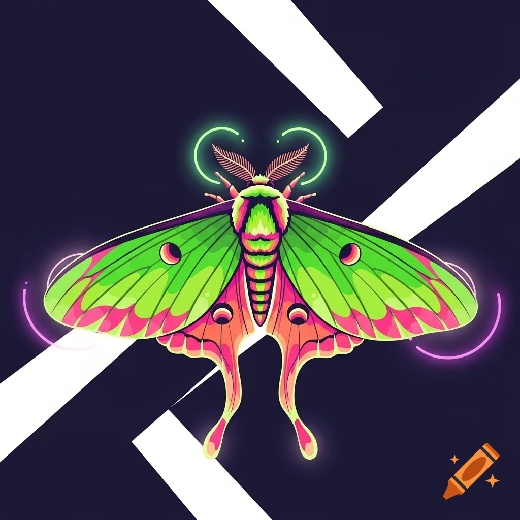Vibrant pop art illustration of a luna moth with glowing green and pink wings against a dark background with white stripes.