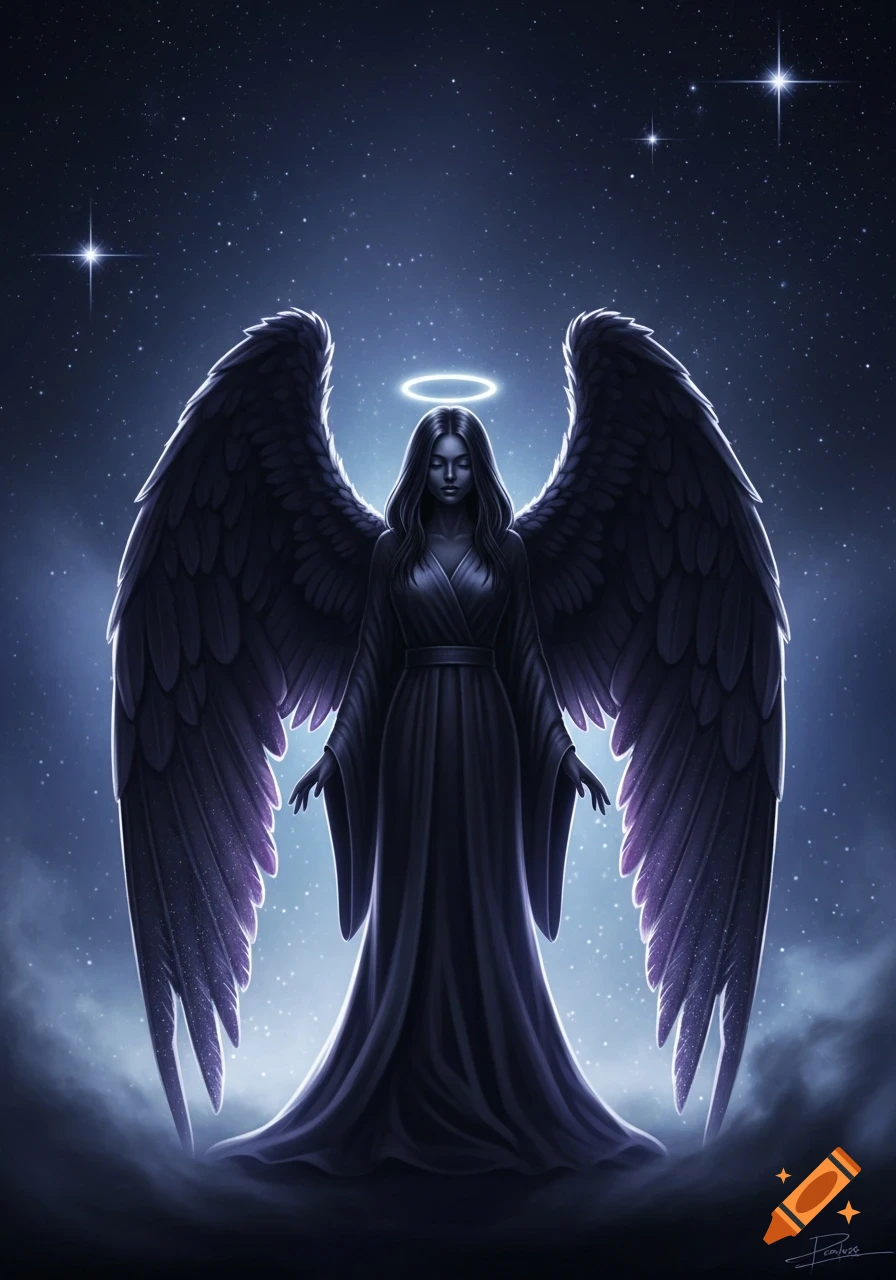 A dark-winged angel with a halo stands solemnly against a starry night sky, with glowing mist around her feet. Digital illustration.