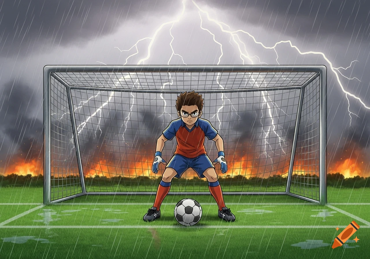 Cartoon boy goalie in glasses stands ready in a soccer goal during a stormy lightning and rain-filled day with fires in the background.