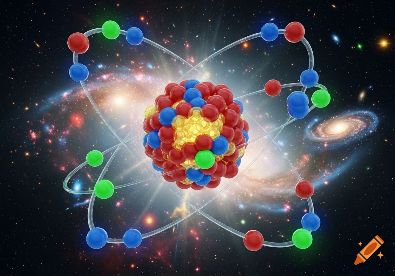 A colorful atomic model with a dense nucleus and orbiting electrons, set against a vibrant cosmic background of galaxies and stars.