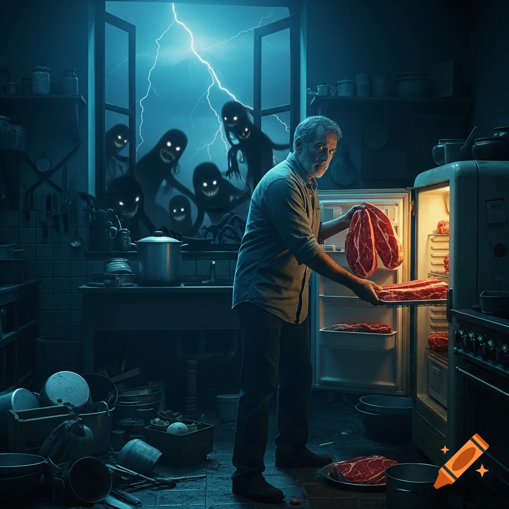 A grizzled man puts meat into a refrigerator in a messy kitchen while shadowy monsters with glowing eyes look in through a lightning-struck window.