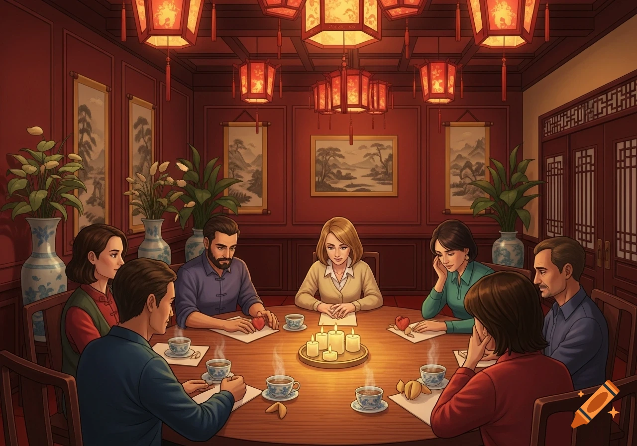 Eight people in a stylized illustration sit around a table with candles, tea, and red hearts in a Chinese restaurant setting.