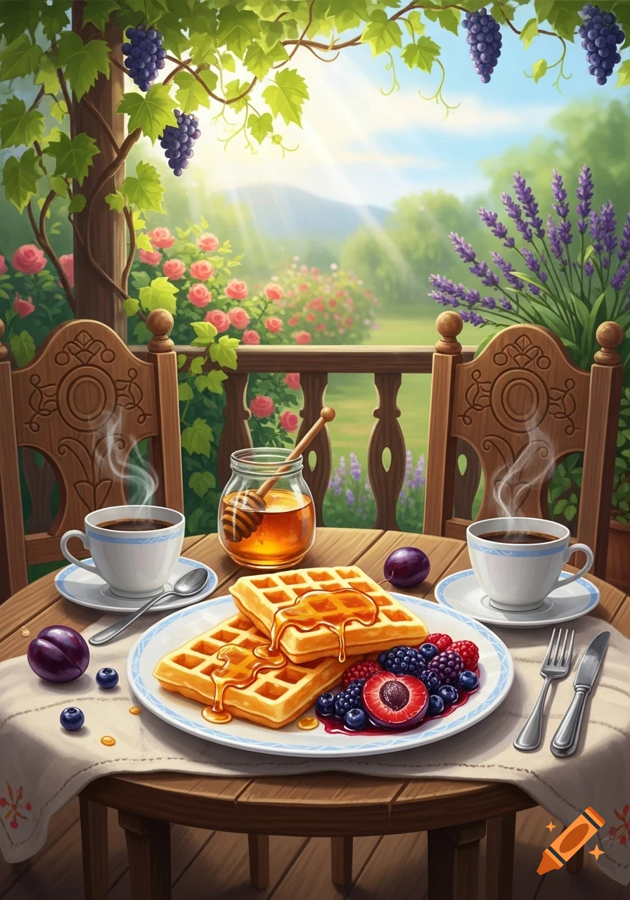 A vibrant, stylized illustration of a breakfast spread on a wooden table on a balcony. Waffles with honey and berries, coffee, and plums are laid out with a lush garden and vineyard in the background.