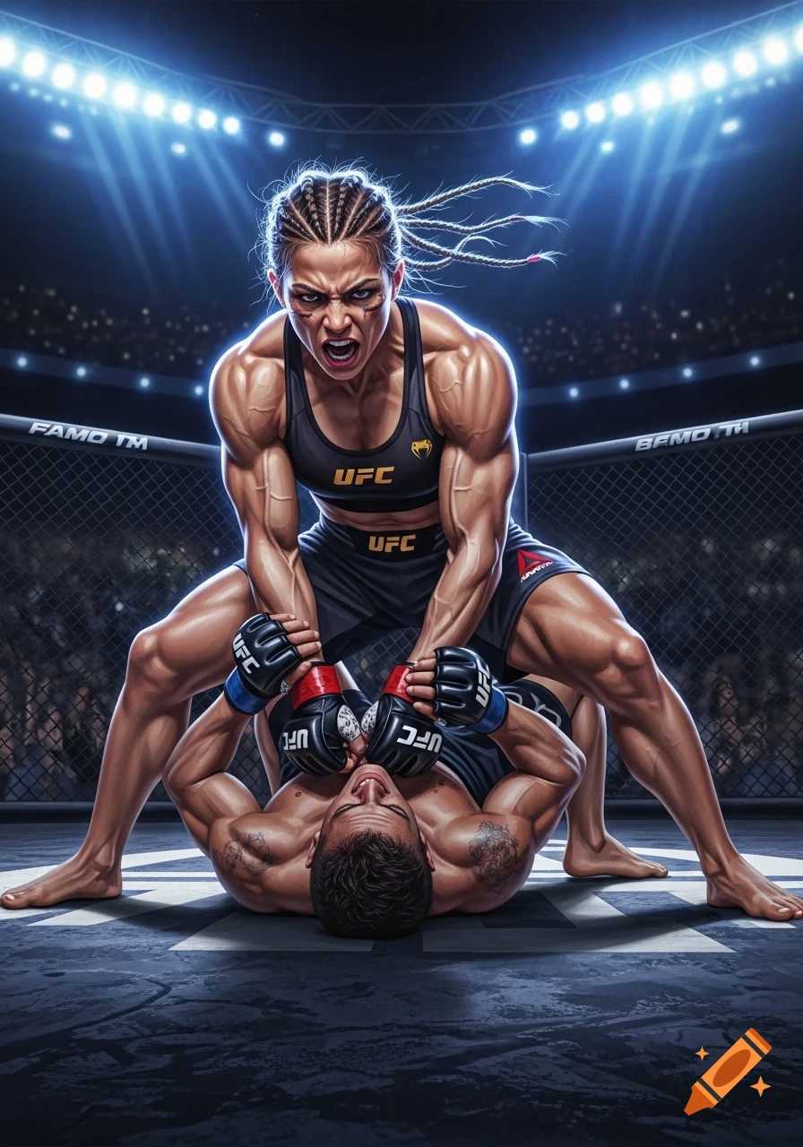 A muscular female MMA fighter in a black top with UFC logos aggressively pins a male opponent on the mat inside an octagon cage under bright lights.