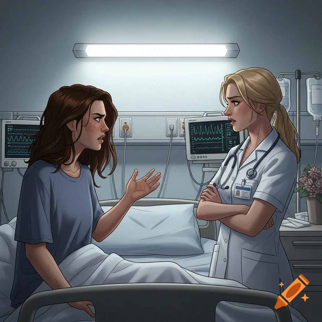 An illustration of a brown-haired patient talking to a blonde nurse with crossed arms in a hospital room.