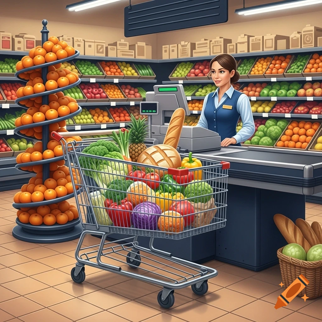 A cheerful cashier at a supermarket checkout behind a counter, with a shopping cart full of fresh produce, bread, and fruits on display.