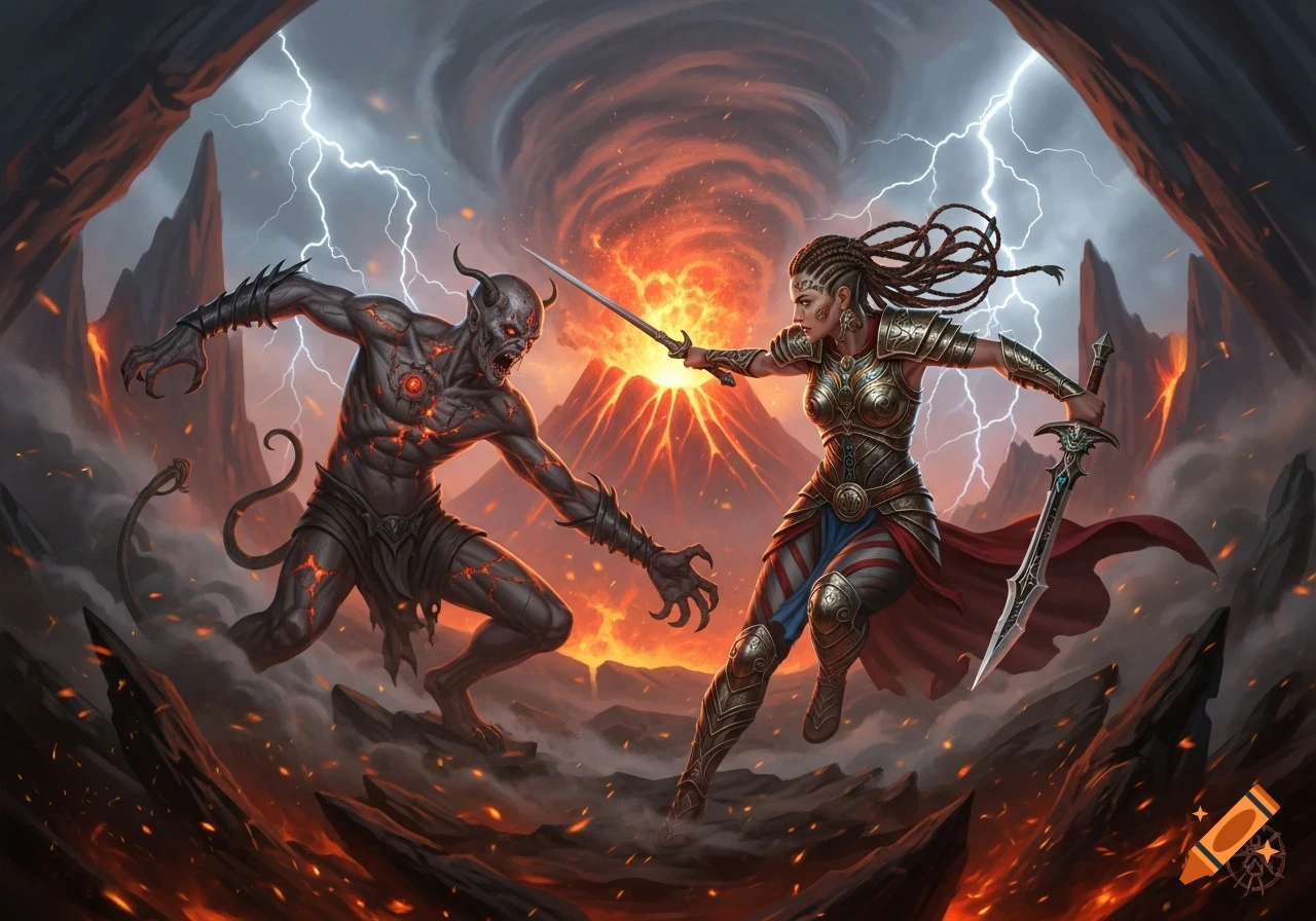 A fierce warrior woman battles a demon in a volcanic landscape under a stormy, lightning-filled sky with a fiery tornado.