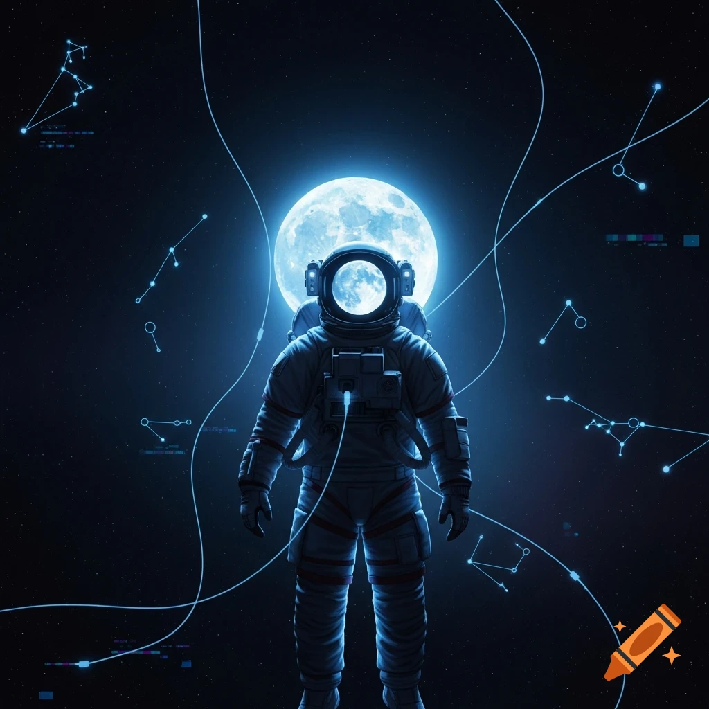 Astronaut in a spacesuit floats in deep space, backlit by a glowing blue full moon, with glowing lines and faint stars.