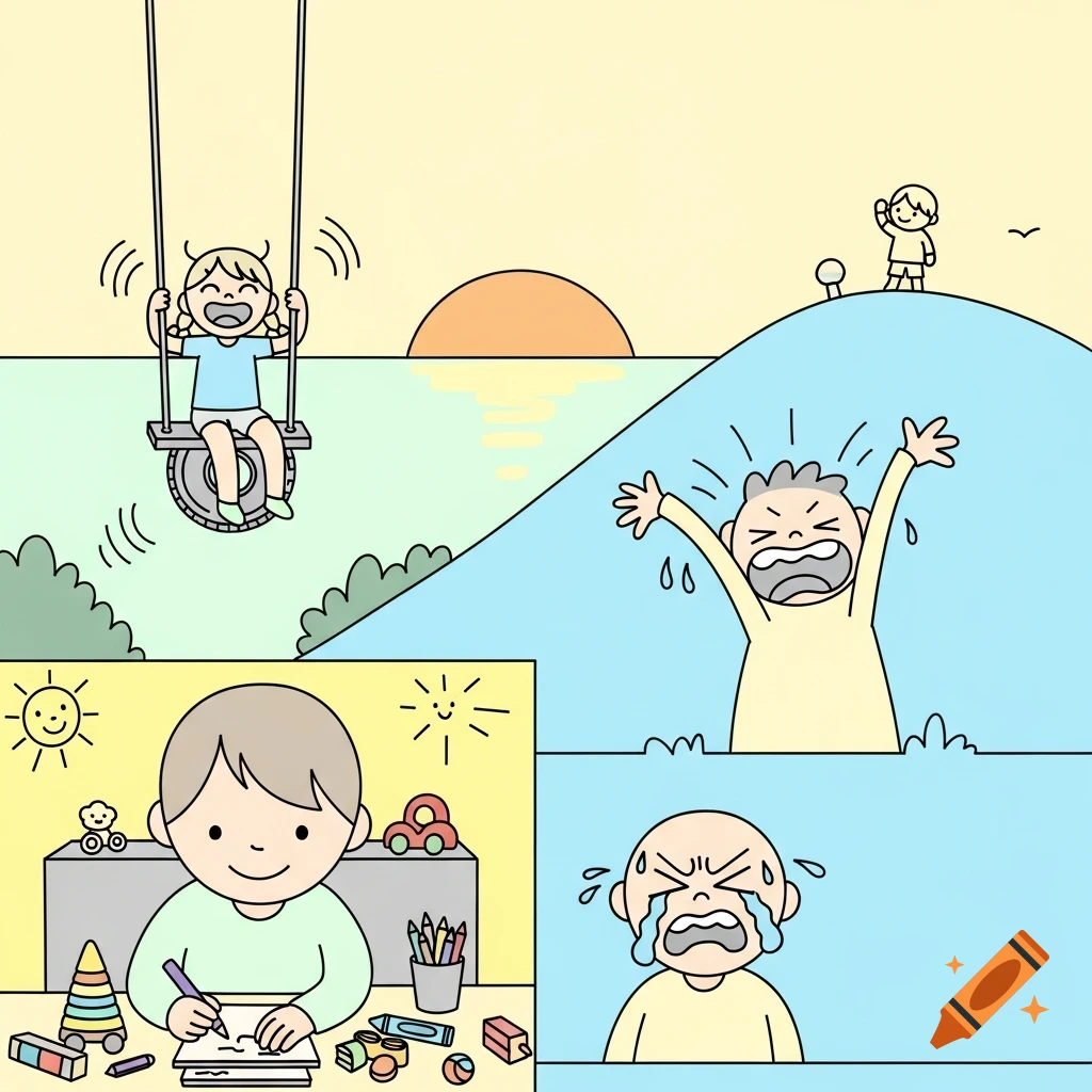 A multi-panel child's drawing style illustration showing a happy child on a swing, a boy drawing, a distressed man, and a waving figure.