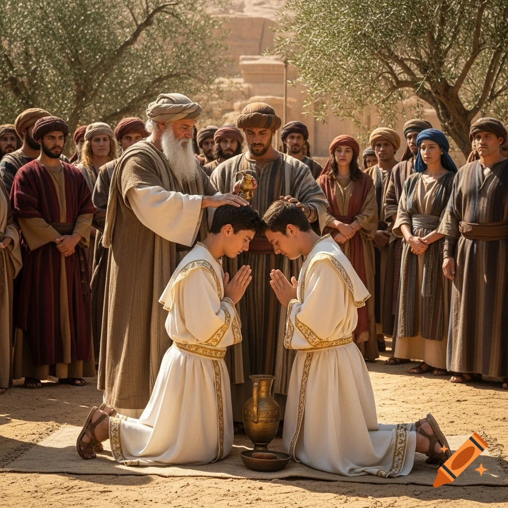 An older man anoints two kneeling young men in white robes, surrounded by people in ancient attire in a desert setting.