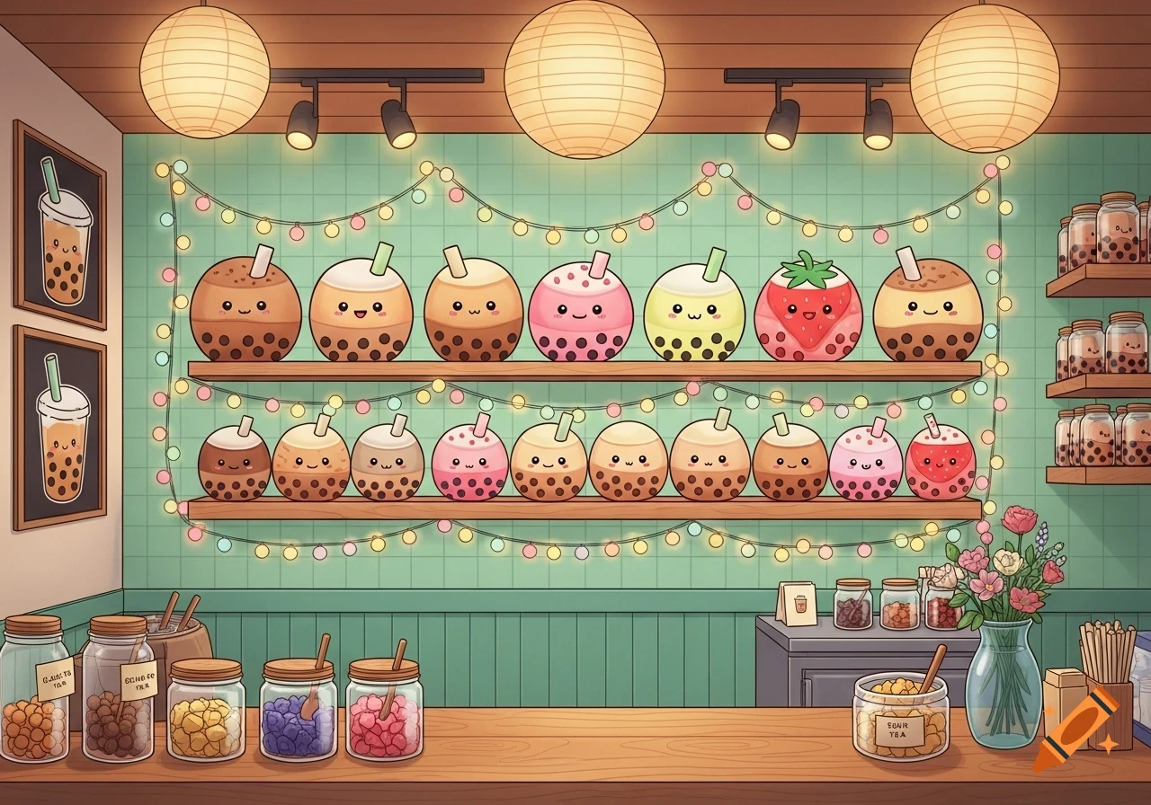 A cartoon bubble tea shop interior featuring shelves with many cute, round bubble tea plushies with faces, string lights, and jars of ingredients on the counter.