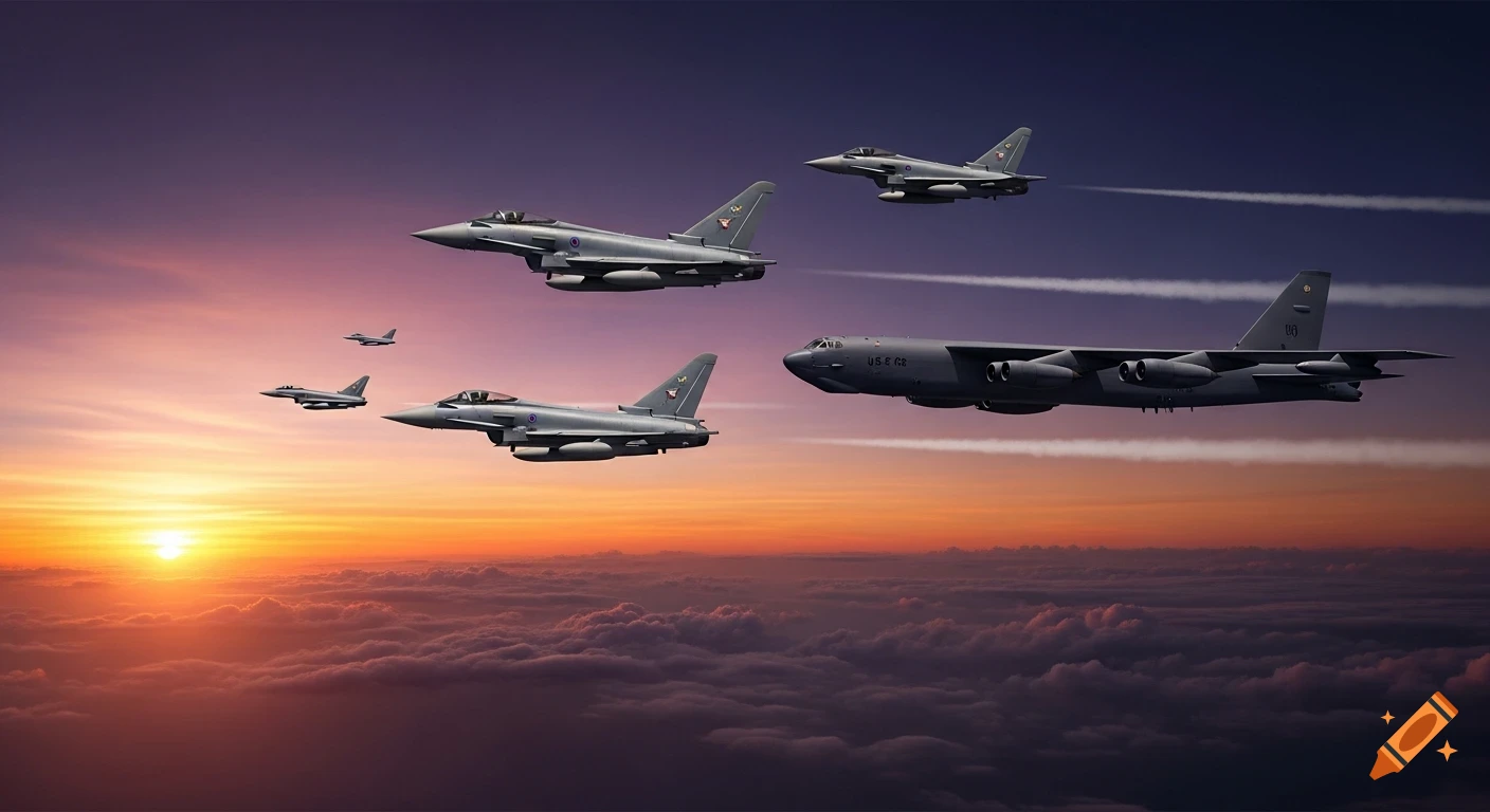 A fleet of military aircraft, including Eurofighter Typhoons and a B-52 bomber, fly against a dramatic sunset sky with clouds below.