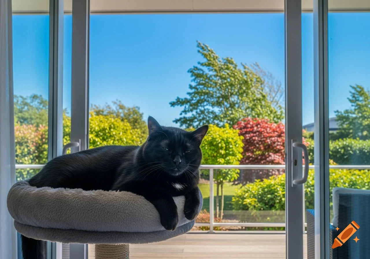 A chubby black cat rests on a gray cat tree in a sunny veranda, looking out at a lush garden with trees and blue sky.
