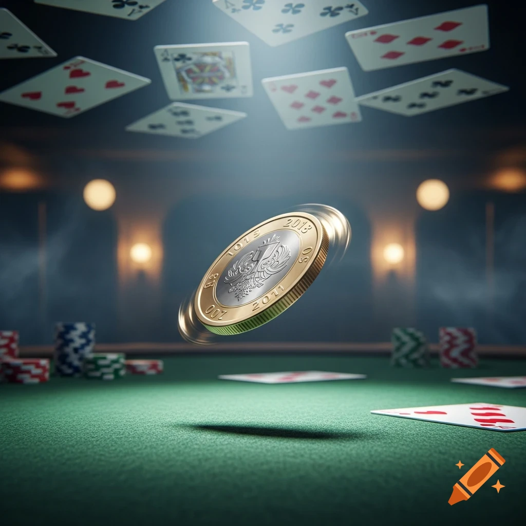 A photorealistic gold and silver coin spins mid-air over a green felt poker table with scattered playing cards and casino chips.