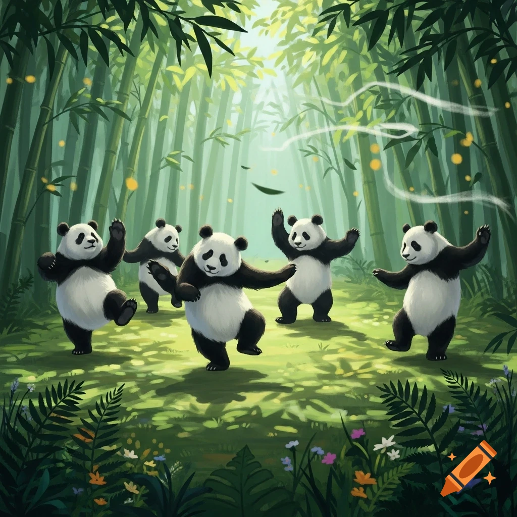 Five cartoon pandas dance in a vibrant bamboo forest with light filtering through the trees.