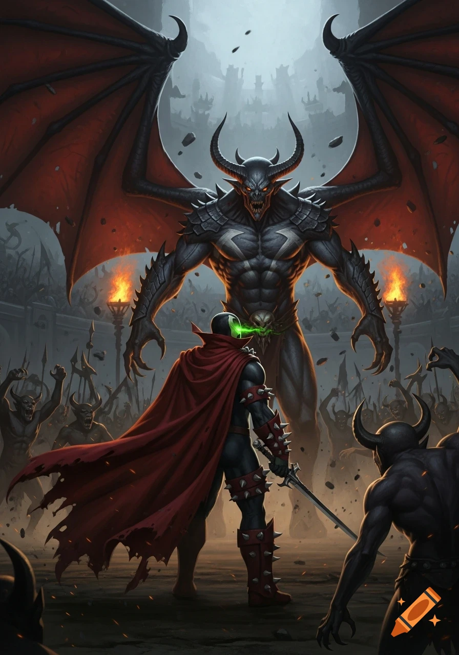 Spawn, with a red cape, confronts a massive winged demon in a battle arena, surrounded by cheering demon hordes.