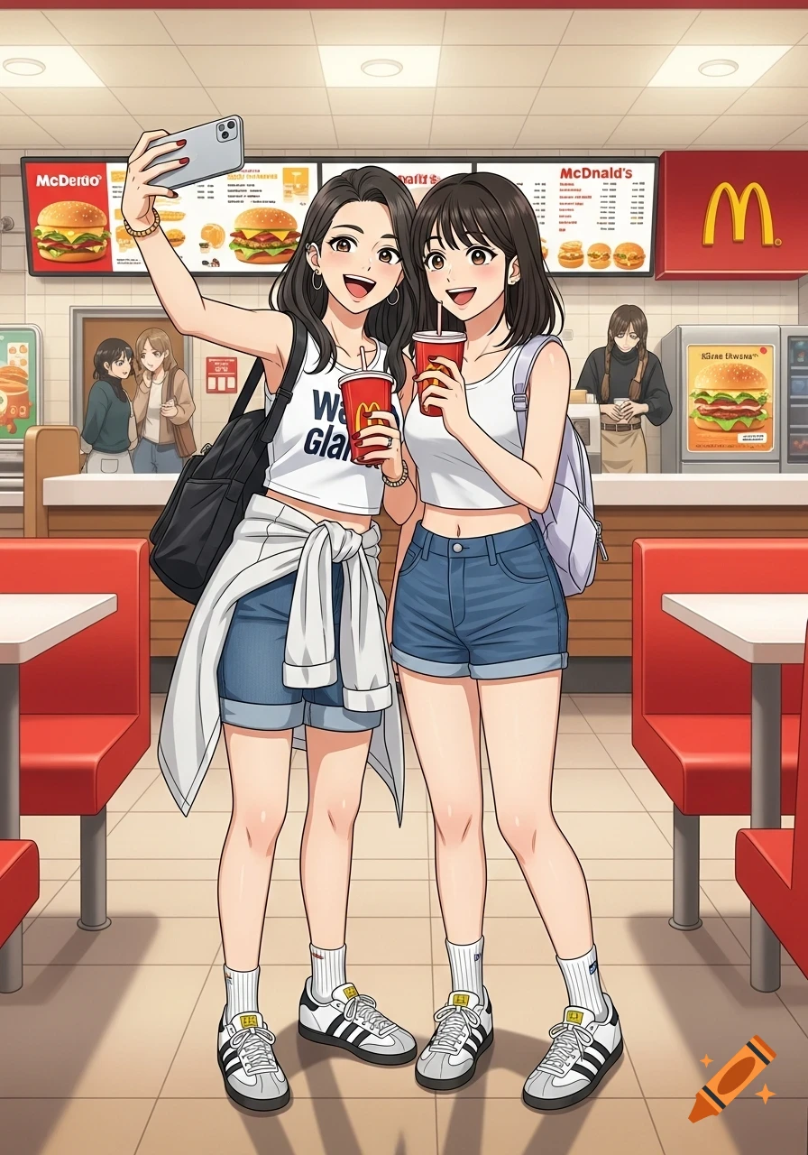 Two smiling anime-style young women taking a selfie in a McDonald's-like fast-food restaurant, holding drinks.