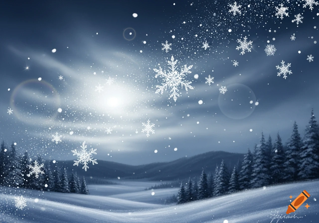 A digital painting of a serene winter landscape with snow-covered hills, pine trees, and abundant sparkling snowflakes under a bright sky.