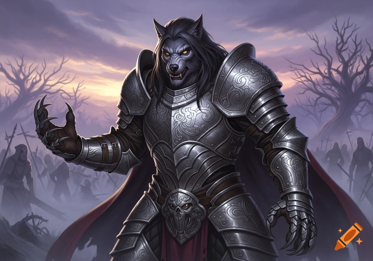 A menacing werewolf warrior in ornate silver armor with large claws stands on a desolate battlefield under a dramatic sky.