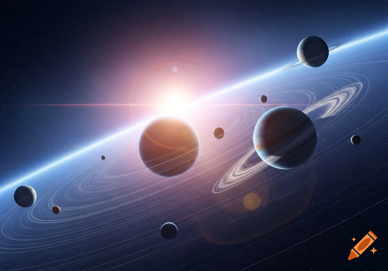 Multiple planets with prominent rings orbit a bright sun, radiating light across a vibrant blue, purple, and orange cosmic scene filled with stars.