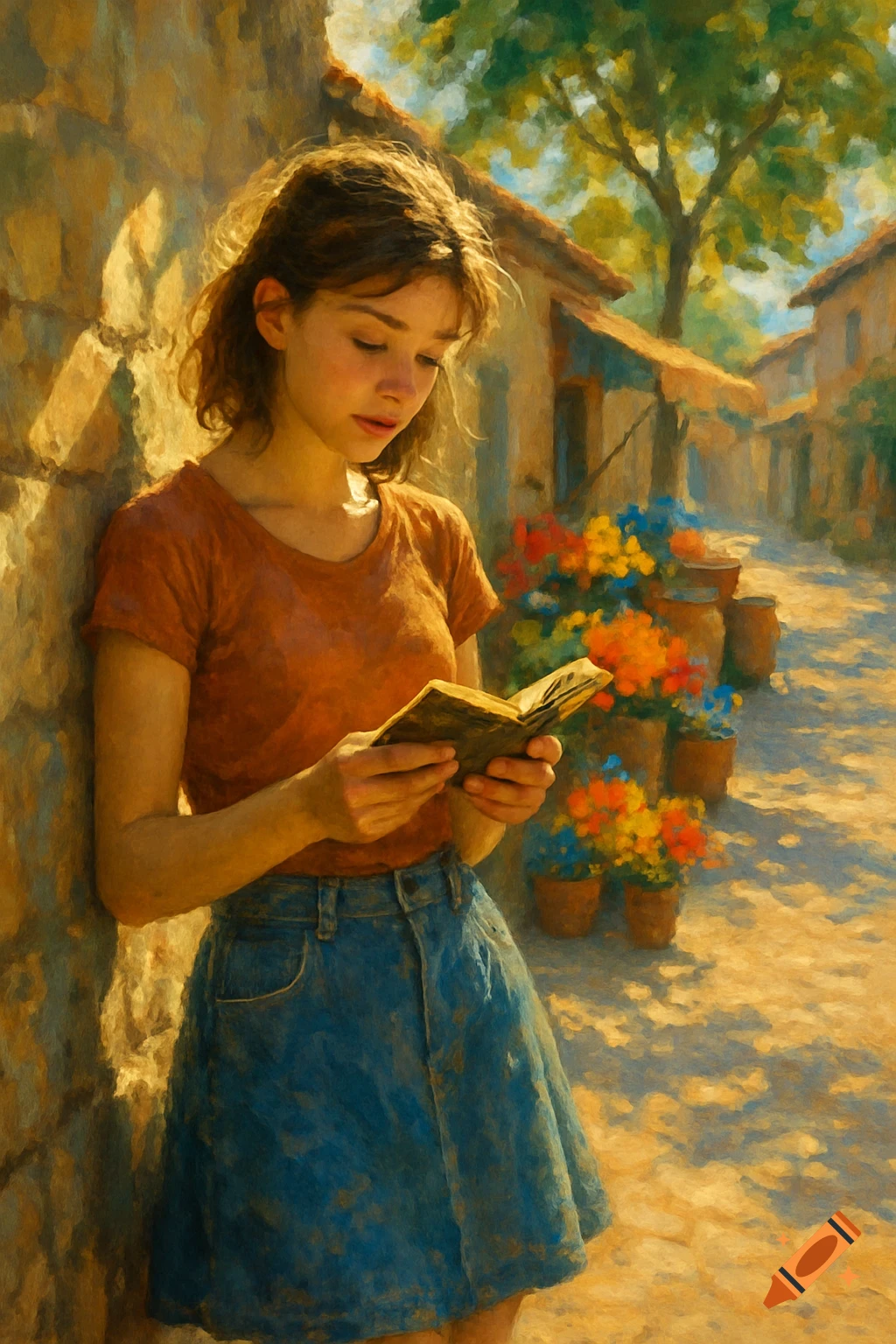 Impressionistic painting of a young woman reading a book against a sunlit stone wall in a flowery village alley.