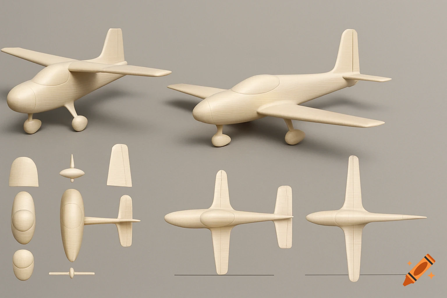 Three light-colored model airplanes and their disassembled parts, shown in 3D and orthographic views on a gray background.