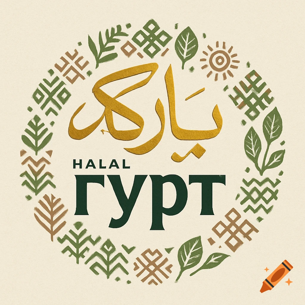 Halal cafe logo with golden Arabic calligraphy, 'HALAL', and dark green Cyrillic 'ГУРТ', framed by earthy geometric and nature patterns.