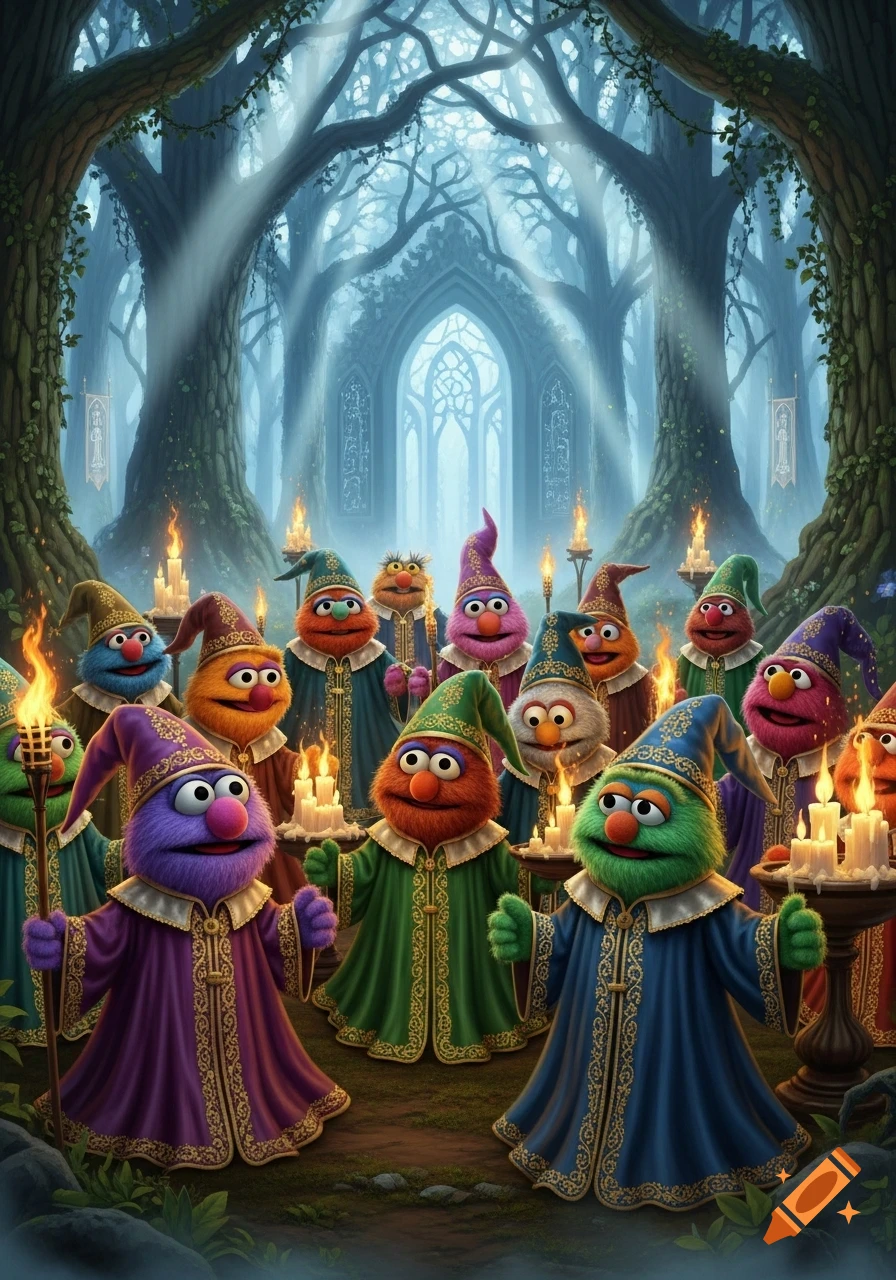 Vibrant Muppet-like characters in ornate wizard robes and hats, holding candles and torches, in an ethereal forest.
