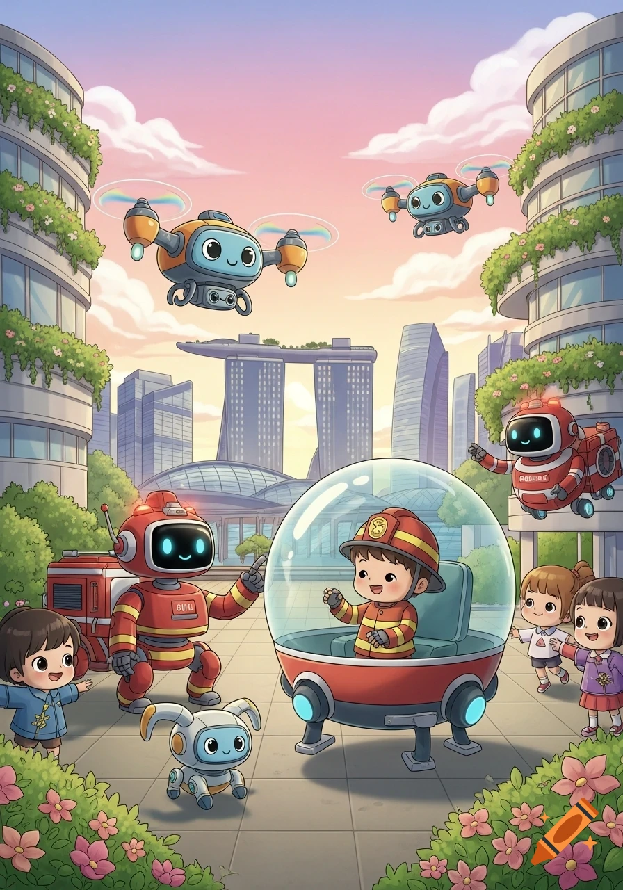 Happy children and friendly robots, including a child in a firefighter uniform, interact in a futuristic cityscape with drones flying overhead.