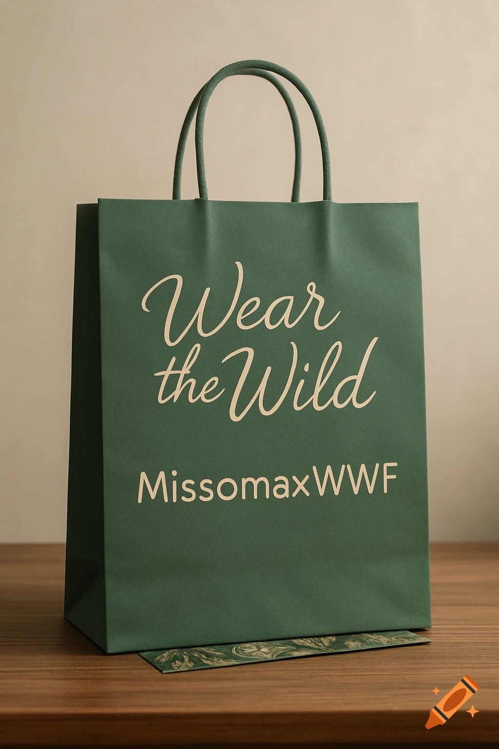 A deep sage green shopping bag with "Wear the Wild" and "MissomaxWWF" printed on it, sitting on a wooden table.