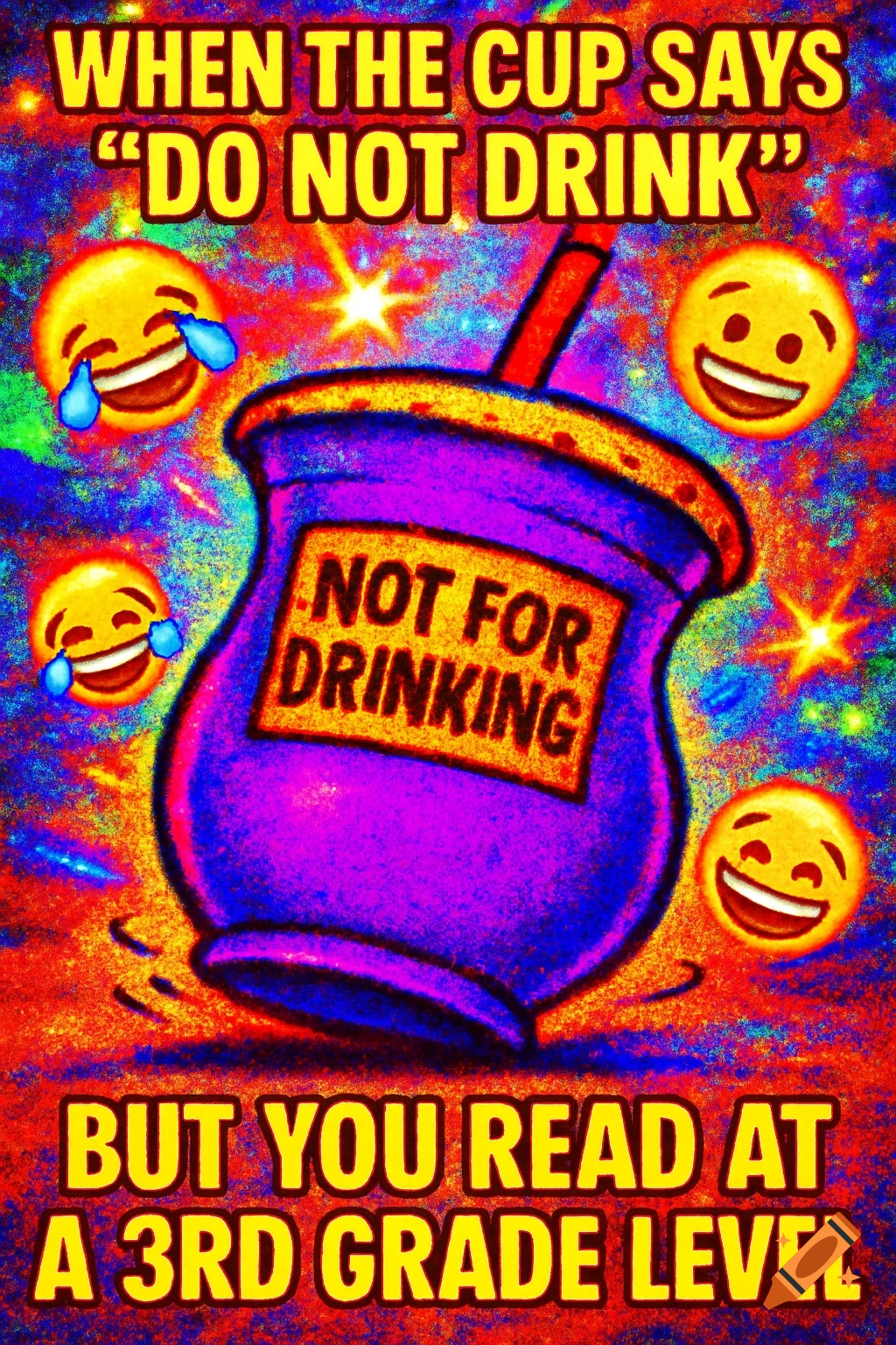 Deep-fried meme featuring a purple cup with 'NOT FOR DRINKING' label, laughing emojis, and text about reading levels.