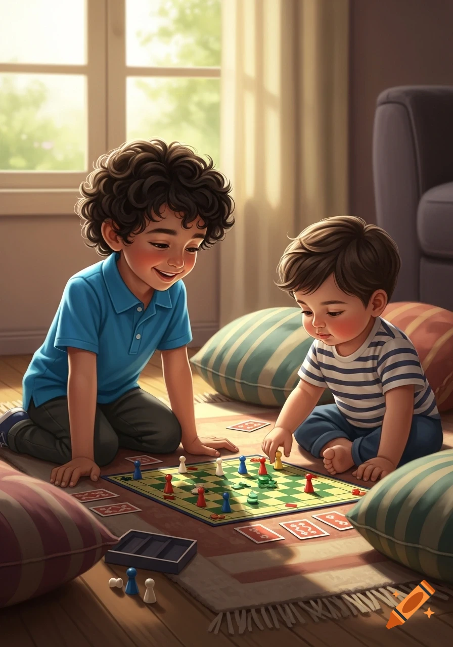 Two young boys playing a board game on a rug in a sunlit room. The older boy smiles at the younger one, who is focused on the game pieces.