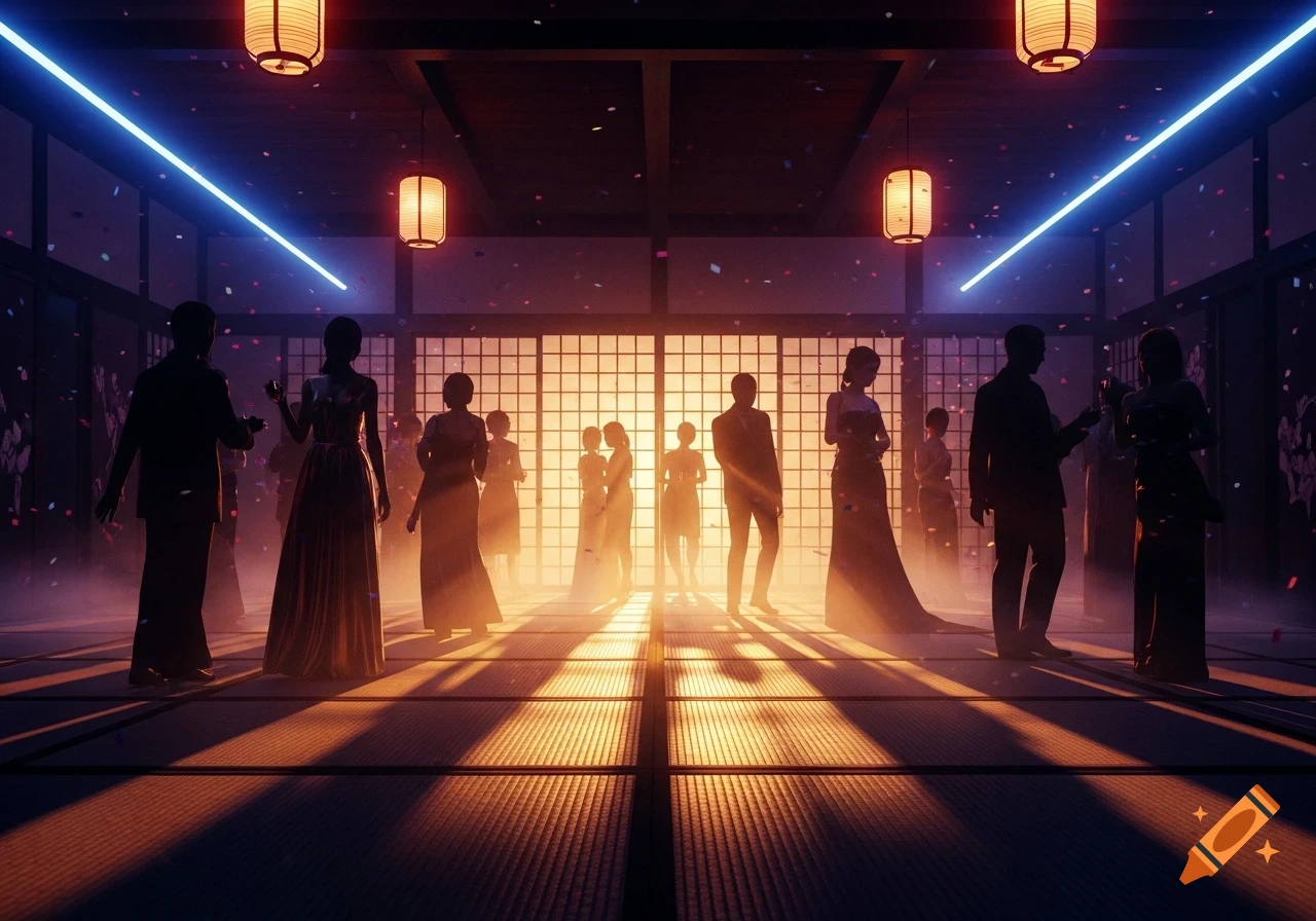 Silhouettes of people at a party in a dimly lit Japanese-style room with neon lights and falling confetti.
