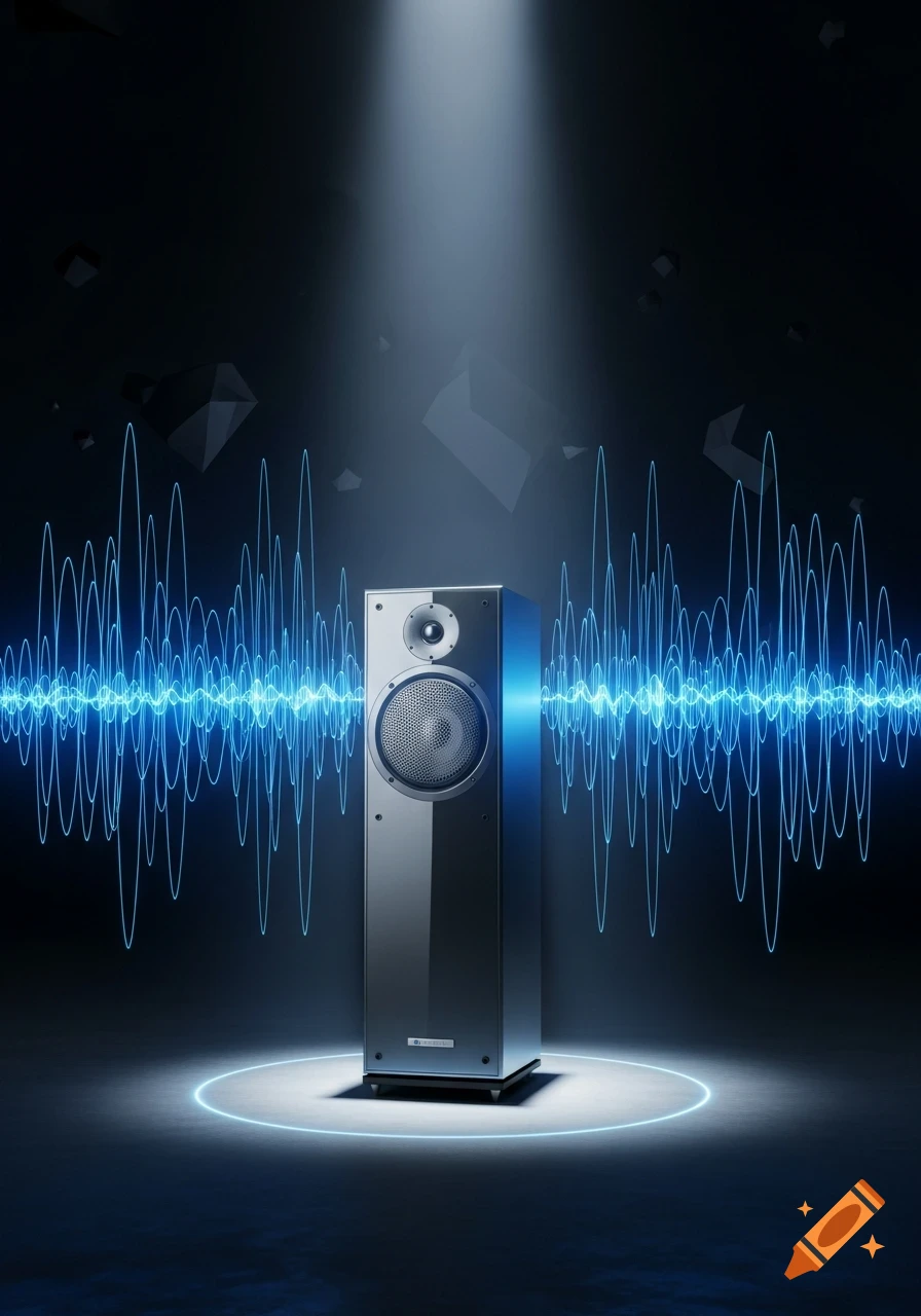 A sleek silver and black loudspeaker stands under a spotlight, surrounded by glowing blue sound waves and geometric shapes in a dark, atmospheric setting.