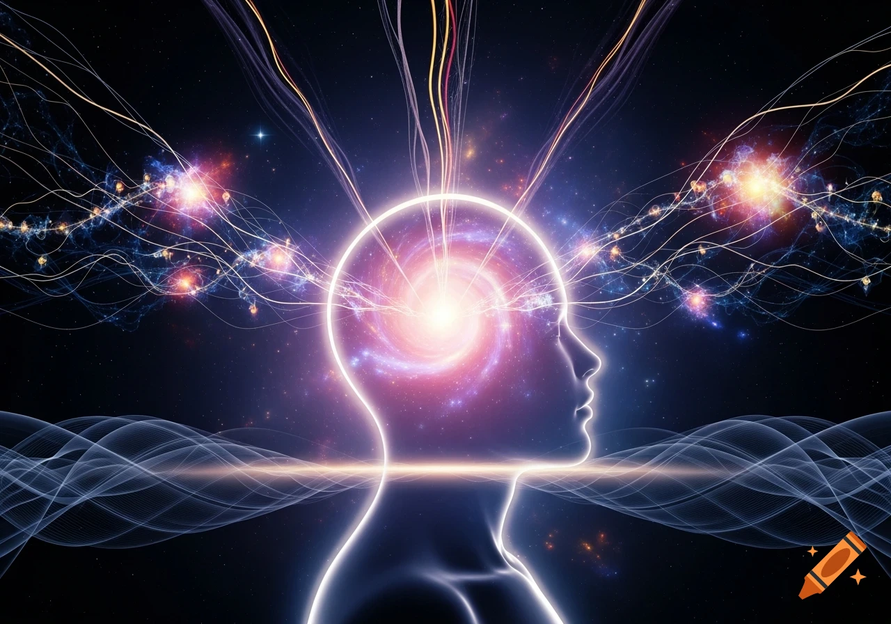 Glowing human silhouette with a swirling galaxy in its head, radiating energy lines into a cosmic, star-filled background.