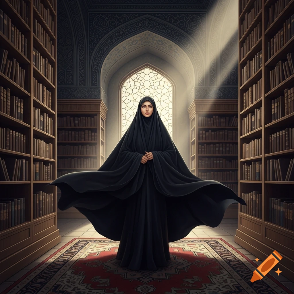A woman in a flowing black hijab stands in a grand library with intricate Islamic architecture and sunlight.