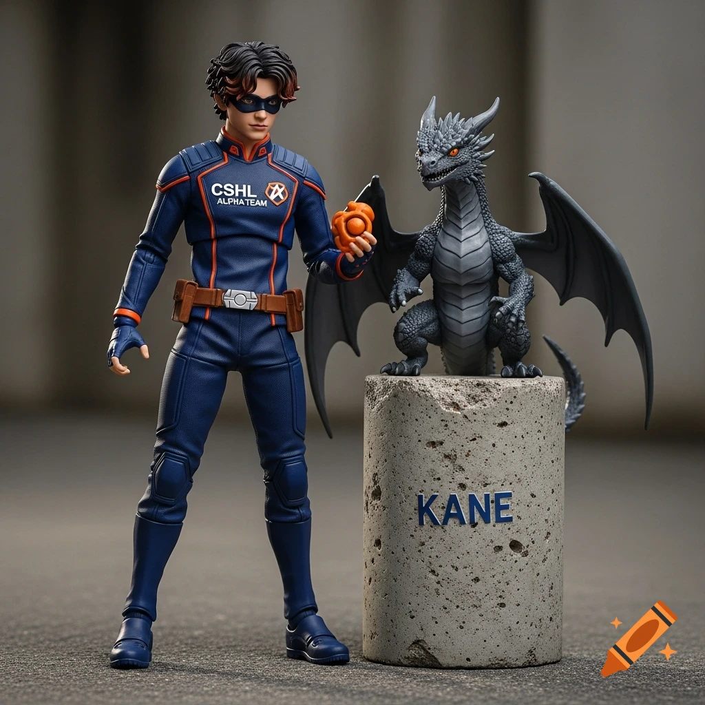 Photorealistic action figure of a superhero in a blue uniform with 'CSHL ALPHATEAM' logo, holding an orb, next to a gray dragon on a pillar labeled 'KANE'.