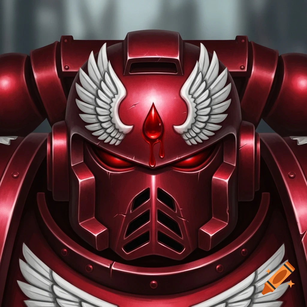 A detailed close-up of a crimson red Warhammer Space Marine helmet with white feathered wings and a blood drop emblem.