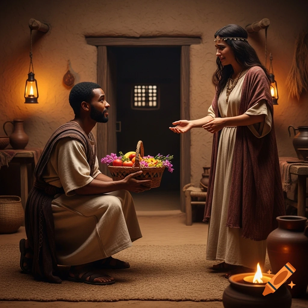 A man on one knee offers a basket of fruit and flowers to a woman in a dimly lit, ancient-style home, in Hollywood cinematic style.