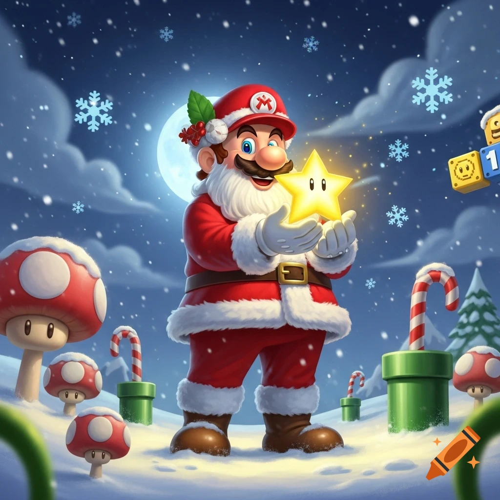 Santa Claus Mario holding a glowing star in a snowy, moonlit landscape with Super Mario Bros. elements like mushrooms, pipes, and question blocks.