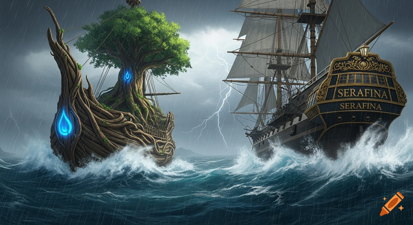 A fantasy scene with a root-woven ship and a traditional ship, named 'Serafina', sailing on a stormy, lightning-filled sea.