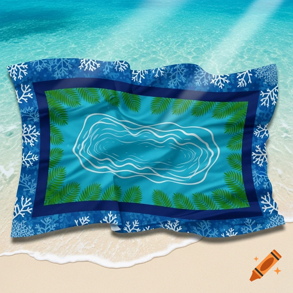A blue and green flag with a lagoon design, palm leaves, and coral patterns lies on wet sand at the edge of clear blue ocean water.