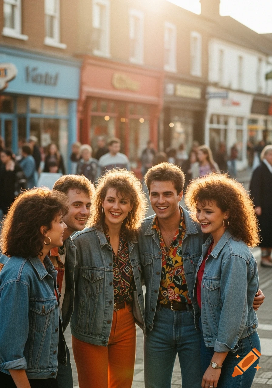 A group of five smiling young adults in 1980s fashion pose on a sunny street with blurred shops in the background, capturing a nostalgic, warm memory scene.