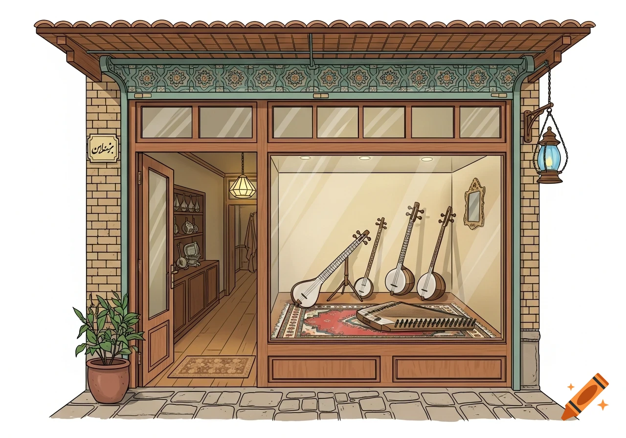 Stylized illustration of a traditional musical instrument shop with a display window showing string instruments, brick facade, potted plant, and hanging lantern.