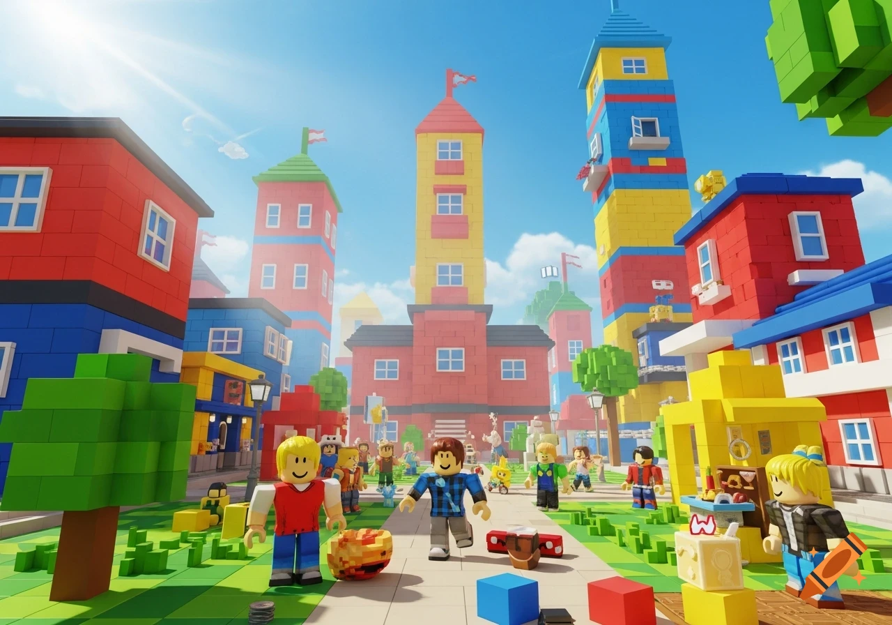A vibrant blocky town resembling Roblox, with block characters walking around colorful buildings under a sunny sky.