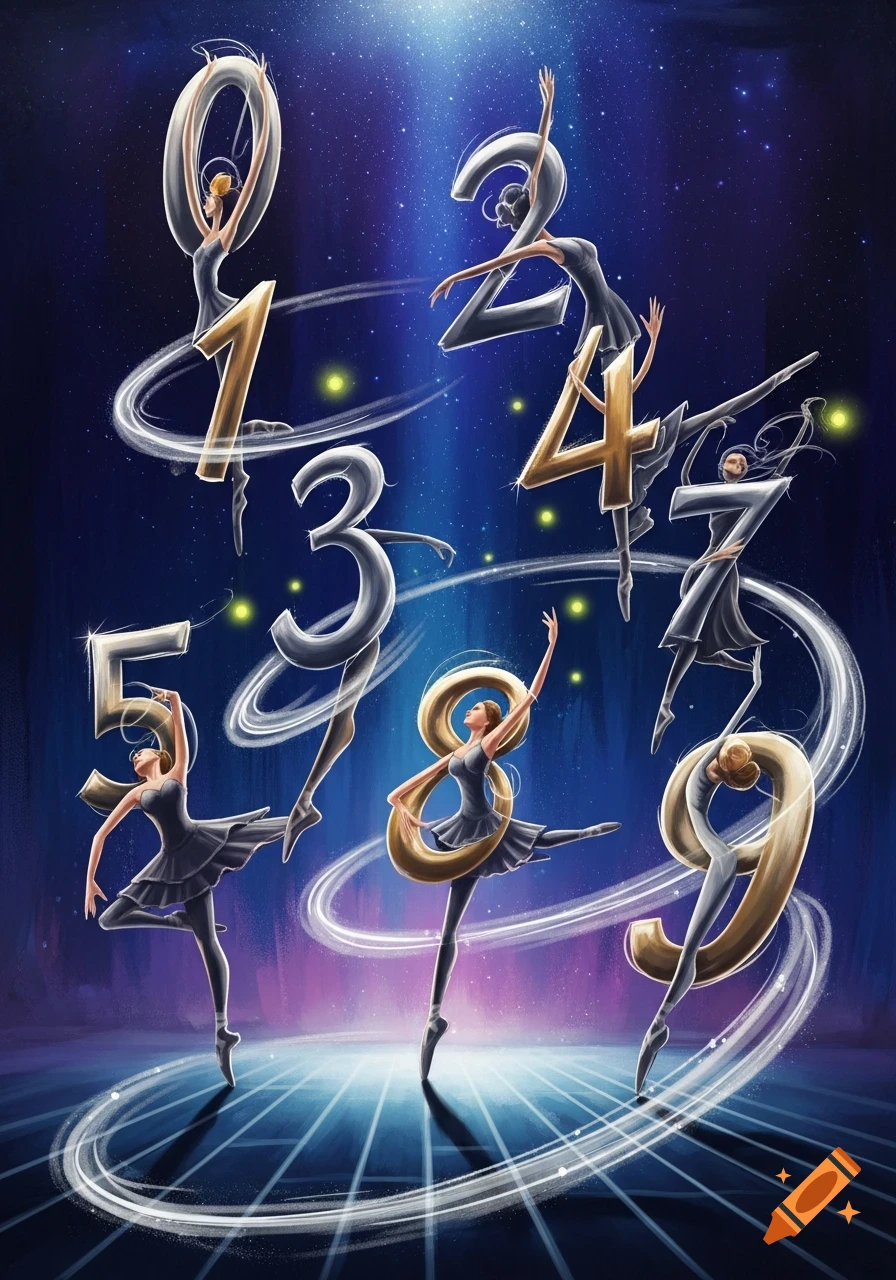 Stylized ballet dancers form numbers 0, 1, 2, 3, 4, 5, 7, 8, 9, dancing in a cosmic starry sky.