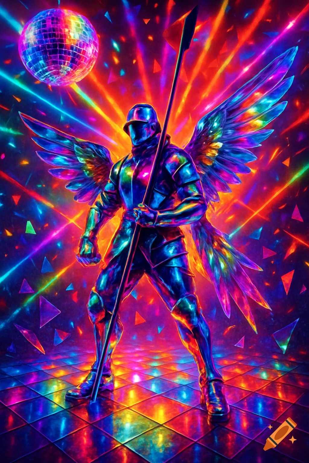 An armored figure with iridescent wings holds a spear on a reflective disco floor, surrounded by a mirror ball and neon lights.