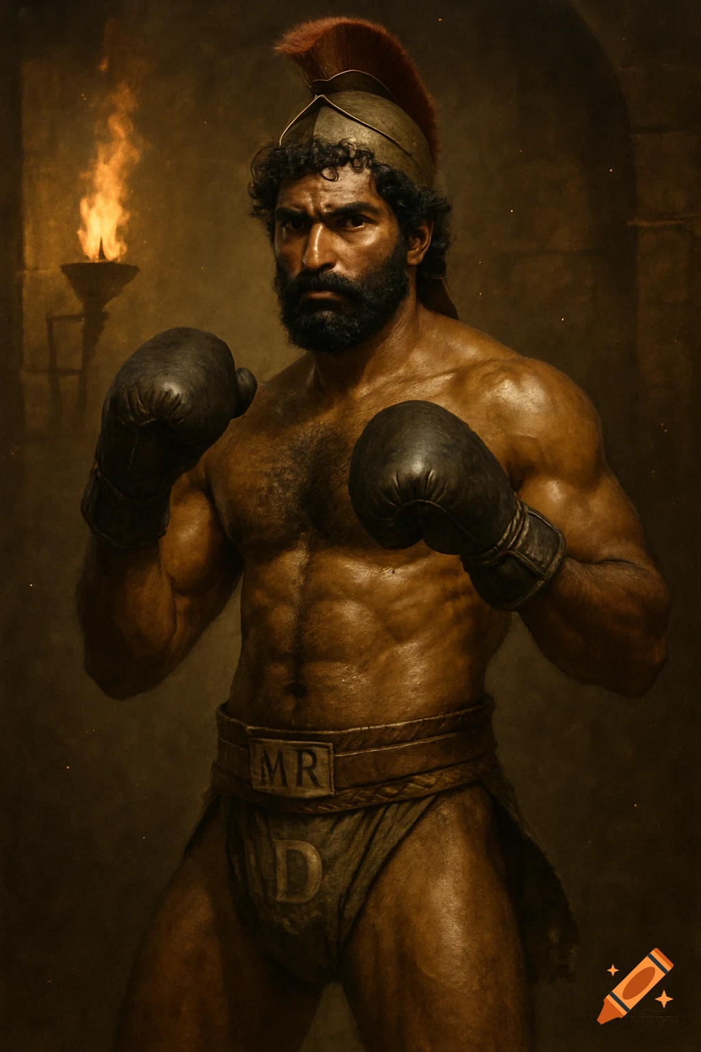 A muscular, dark-skinned Indian Spartan warrior with a beard and curly hair in a boxing pose, wearing gloves and a 'MR D' jockstrap.
